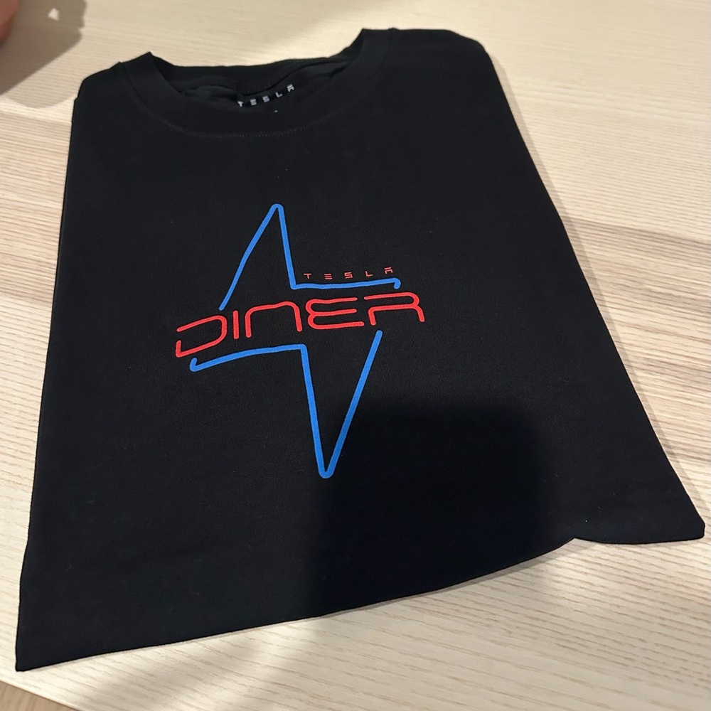 Tesla Diner Black Tee with Red and Blue Logo